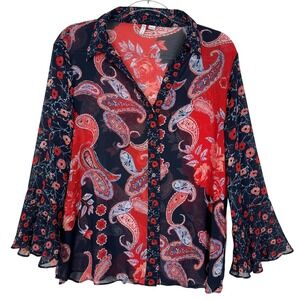 Cato Blouse Womens Large Multicolor Paisley Floral Sheer Bell Sleeve Top